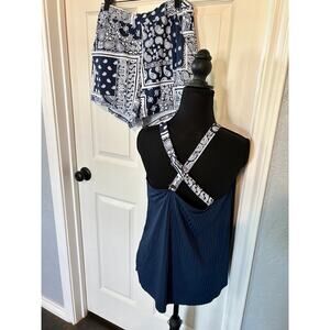 Navy Blue & White Bandana Print Swim Set – Shorts & Tankini Top – Size Large